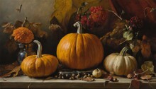 A Painting Of Pumpkins And Other Autumn Vegetables