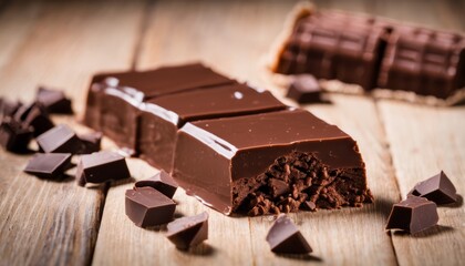 Poster - A piece of chocolate cake with chocolate chips on a wooden table