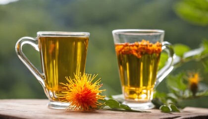 Poster - Two cups of tea with flowers on the table