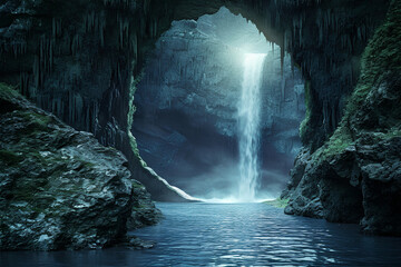  An ethereal scene unfolds as the waterfall cascades into a fantastical realm beyond imagination.