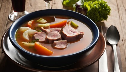 Poster - A bowl of soup with meat and vegetables on a wooden table