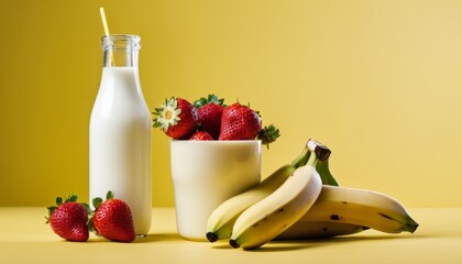 Poster - A bunch of bananas and strawberries sit on a table next to a bottle of milk