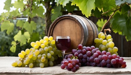 Wall Mural - A wooden barrel with grapes and a glass of wine