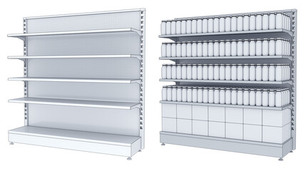 Wall Mural - Retail racks mockup with blank goods and empty shelves. 3d illustration set isolated on white