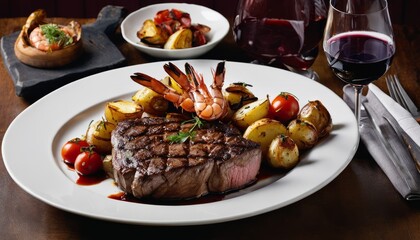 Poster - A plate of food with a steak and shrimp