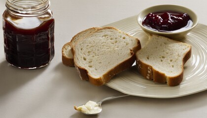 Canvas Print - A white plate with two slices of bread and a jar of jam