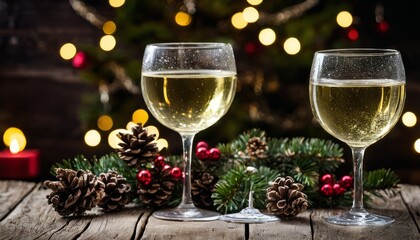 Wall Mural - Two glasses of wine on a table with Christmas lights in the background