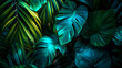 Tropical leaves under a green and blue neon glow, the light tracing the veins of each leaf and casting a luminous aura that reflects the nightlife vibrancy.