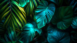 Fototapeta Konie - Tropical leaves under a green and blue neon glow, the light tracing the veins of each leaf and casting a luminous aura that reflects the nightlife vibrancy.