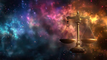 Scales Of Justice On Sparkling Background Dreamlike Space Gradient With Copy Space - Legal Law Concept - AI Generated