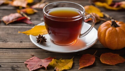 Poster - A cup of tea on a white plate with a pumpkin