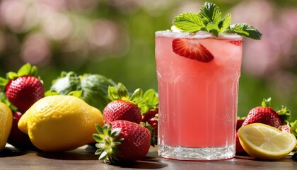 Wall Mural - A glass of pink lemonade with a strawberry on top