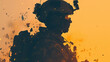 close up side view military soldier with scatter flying dark gray particles on yellow fire light background with copy space. Exploding effect - AI Generated Abstract Art