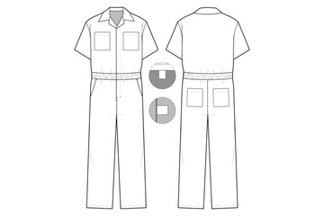 Jumpsuit coveralls short sleeve collared Flat Technical Drawing Illustration  Classic Blank Streetwear Mock-up Template for Design and Tech Packs CAD