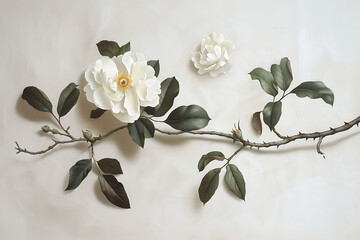 Wall Mural - a white flower on a flower branch with green leaves i
