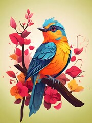 Wall Mural - A colorful bird created using vector art style in a colorful tree background can use for birthday card, cartoon, invitation card, book cover template