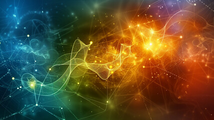 A conceptual background for science and education, featuring abstract digital elements like DNA strands and atoms interconnected with data lines.