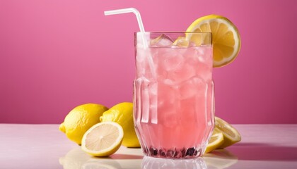 Canvas Print - A glass of pink lemonade with lemon slices