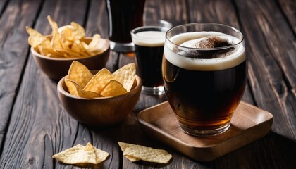A glass of beer and a bowl of chips on a wooden table