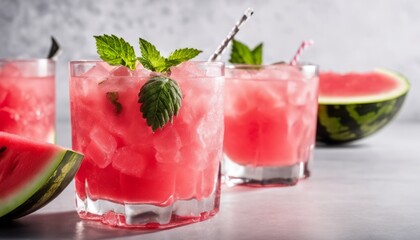 Wall Mural - Three glasses of pink watermelon drinks with mint leaves