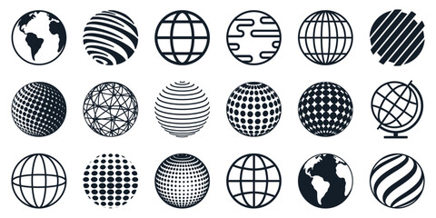 Wall Mural - world icon flat set, earth icons, globes with world maps, set earth globe hemispheres with continent