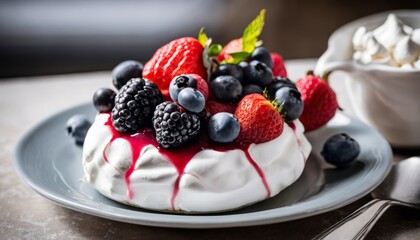 Wall Mural - A plate of dessert with berries and whipped cream