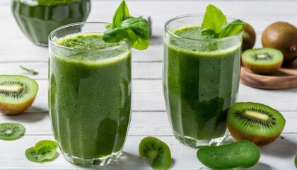 Two glasses of green smoothie with kiwi slices