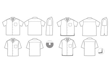 Camp Button Shirt Short Sleeve Flat Technical Drawing Illustration Blank Mock-up Template for Design and Tech Packs CAD Technical Sketch	