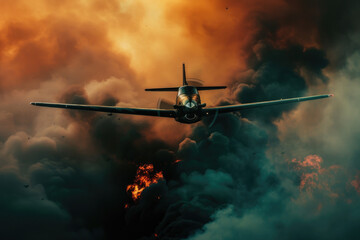 Wall Mural - Airplane in the fire with smoke on the background