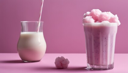 Sticker - A glass of milk and a glass of pink frothy drink on a pink background