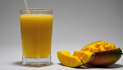 Wall Mural - A glass of orange juice with a peeled mango