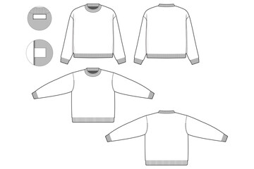 Oversized crewneck sweater flat technical drawing illustration mock-up template for design and tech packs men or unisex fashion CAD streetwear women baggy loose