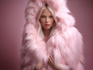 Wall Mural - Fashion editorial Concept. Stunning beautiful woman in pastel pink luxury fancy chic luxurious impeccable fur coat. illuminated dynamic composition dramatic lighting. copy text space