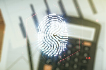 Poster - Double exposure of virtual creative fingerprint hologram on calculator and papers background, protection of personal information concept