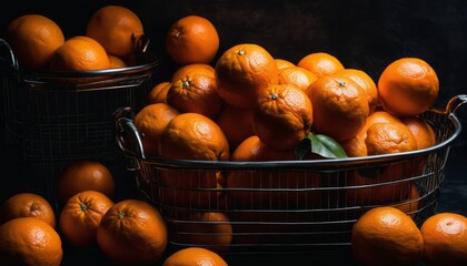 Poster - A basket full of oranges with a green leaf