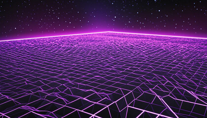 Synthwave wireframe net illustration. Abstract digital background. 80s, 90s Retro futurism, Retro wave cyber grid. Deep space surfaces. Neon lights glowing. Starry background. Vector 3D Rendering