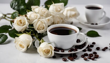 Canvas Print - A cup of coffee with a rose on the table