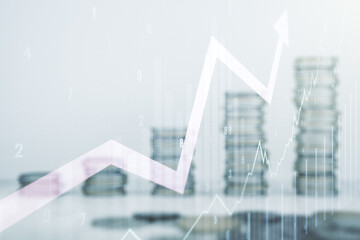 Poster - Double exposure of abstract creative financial chart and upward arrow illustration on growing stacks of coins background, research and strategy concept