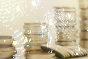 Poster - Double exposure of social network icons interface and world map on growing coins stacks background. Networking concept