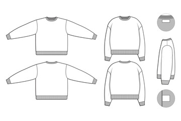 pullover crewneck sweatshirt flat technical drawing illustration mock-up template for design and tech packs men or unisex fashion CAD streetwear baggy loose oversized