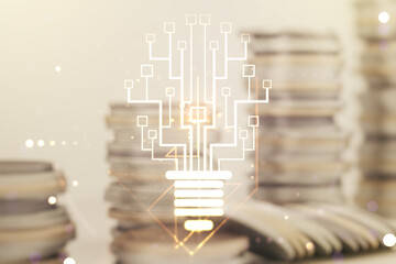 Poster - Virtual creative idea concept with light bulb and microcircuit illustration on stacks of coins background. Neural networks and machine learning concept. Multiexposure