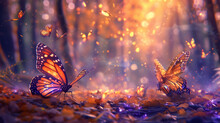 Enchanted Forest Scene With Iridescent Butterflies And Magical Autumnal Light, Fantasy Background