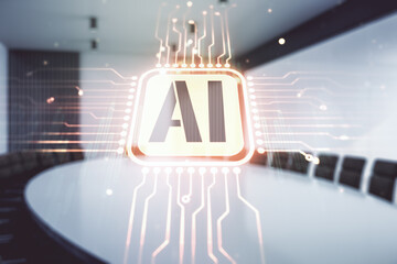 Aufkleber - Abstract virtual artificial Intelligence symbol hologram on a modern conference room background. Multiexposure