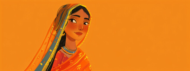 Wall Mural - Illustration of indian girl in traditional indian costume saree on orange background with. Ugadi and Gudi Padwa celebration.