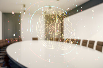 Aufkleber - Double exposure of creative artificial Intelligence interface on a modern meeting room background. Neural networks and machine learning concept