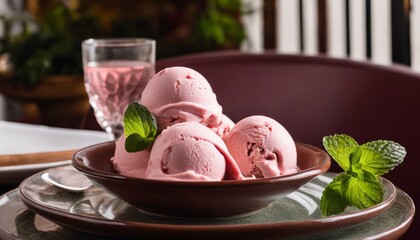 Poster - A bowl of pink ice cream with a green leaf on top