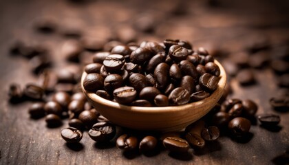 Poster - A wooden bowl filled with coffee beans