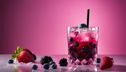 Poster - A glass of blueberry juice with a straw and berries on the table