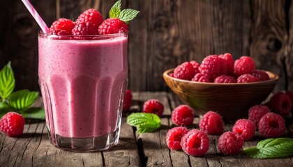 Poster - A glass of raspberry smoothie with a bowl of raspberries