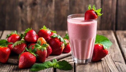 Poster - A glass of strawberry milkshake with strawberries on a wooden table